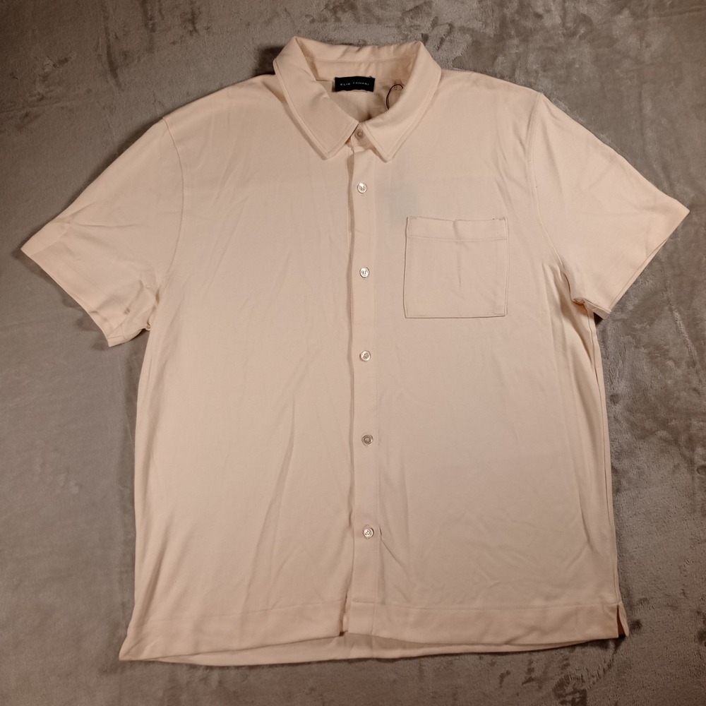 Elie Tahari Button Down Shirt Mens Large Ivory Lyocell Cotton Knit Luxury Summer